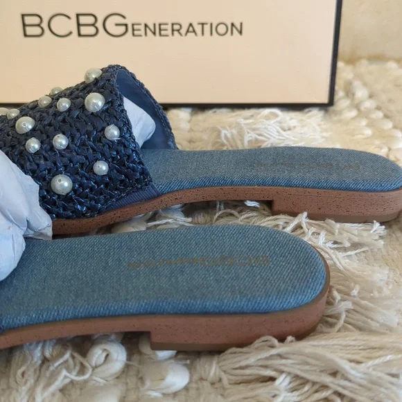 BCBGeneration Denim/Raffia Pearl Sandals 9.5 NWT - Picture 3 of 6